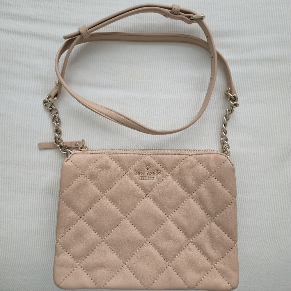 Kate Spade Quilted Leather Crossbody Bag Blush Nude Pink Gold Chain Strap